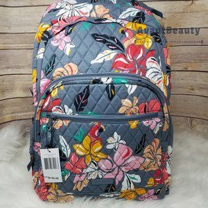 Vera Bradley Large Essential Backpack Coastal Paradise Gray Orange Cotton